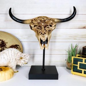 Western Floral Tribal Scroll Bull Cow Skull Winged Cross Desktop Plaque On Stand