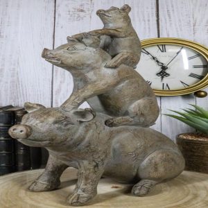 Western Piggyback Ride Rustic Farmhouse 3 Stacked Pigs Piglets Family Figurine