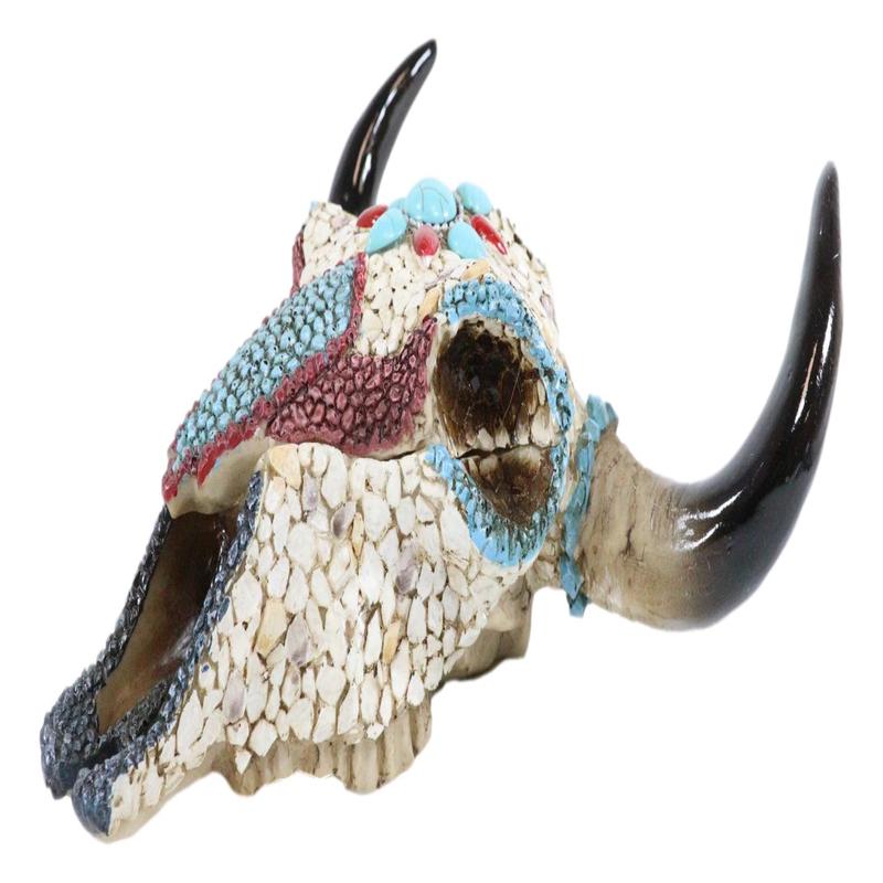 Western Turquoise And Red Teardrop Gems Mosaic Steer Cow Skull Decorative Box