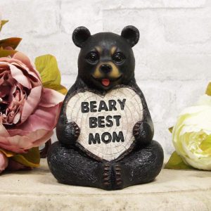 Whimsical Forest Black Bear Holding Heart Sign Saying "Beary Best Mom" Statue