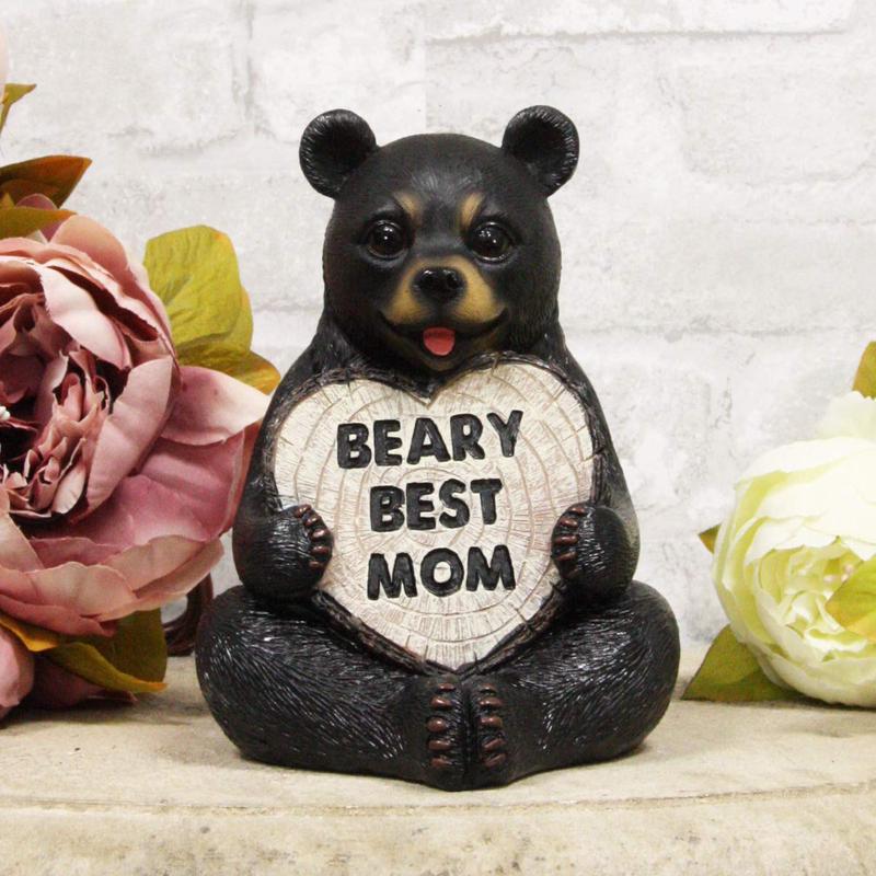 Whimsical Forest Black Bear Holding Heart Sign Saying "Beary Best Mom" Statue