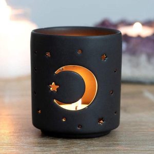 Wicca Mystical Moon And Stars Cutout Ceramic Black T-Light Votive Candle Holder
