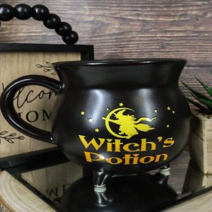 Wicca Sacred Witch's Potion Porcelain Black Cauldron Bowl Large Mug With Handle