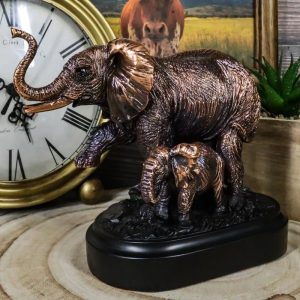 African Safari Bush Elephant Mother With Calf On Jungle March Figurine With Base