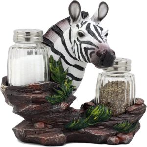 African Safari Equine Zebra Horse Glass Salt Pepper Shakers Holder Set Figurine