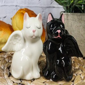 Ceramic Black White Angel Kitty Cats Devil Or Angel Salt And Pepper Shakers Set