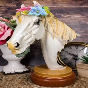 Colorful Dainty White Fine Stallion Horse Bust Floral Succulents Crown Figurine