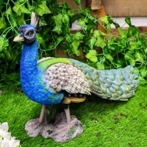 Elegant Iridescent Blue Peacock with Beautiful Train Feathers Decorative Statue