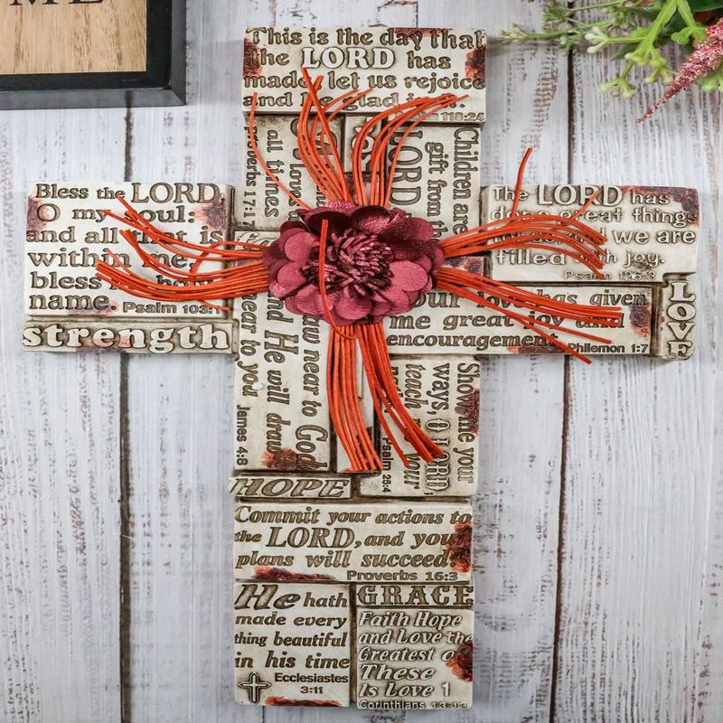 Inspirational Bible Verses Faith Grace Hope Red Flower With Strings Wall Cross