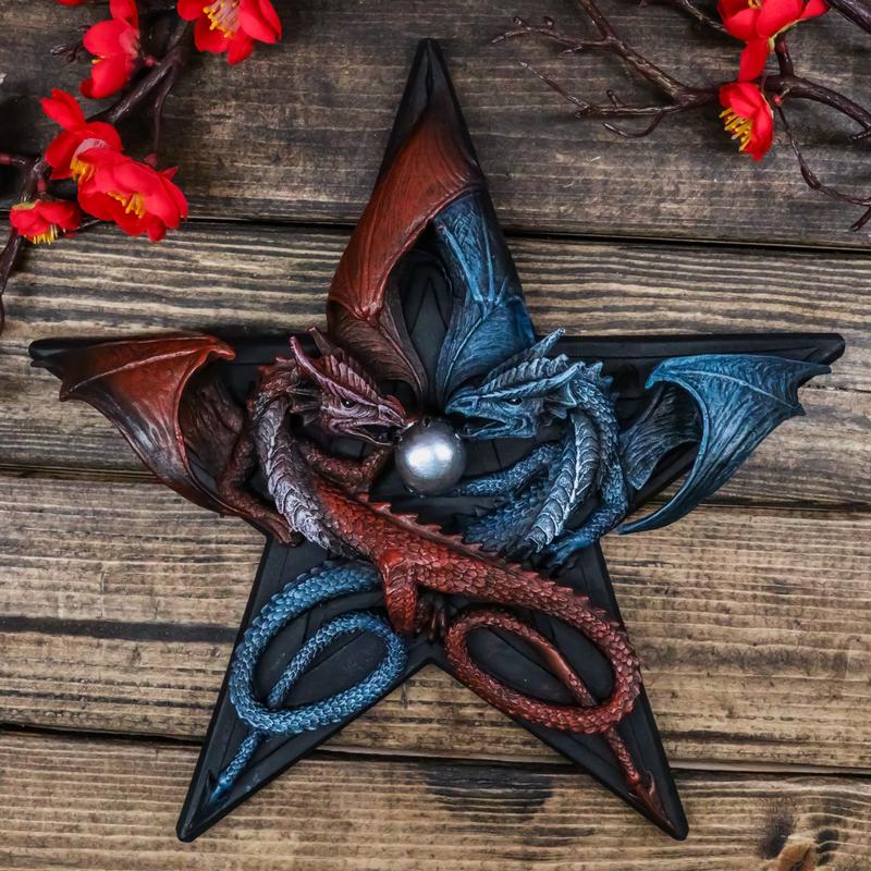 Medieval Pentagram Star Red Fire And Blue Water Elemental Dragons Wall Decor
