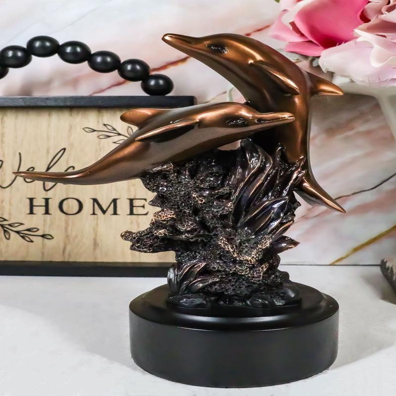 Nautical Dolphins Swimming By Ocean Coral Reef Tower Bronzed Resin Figurine