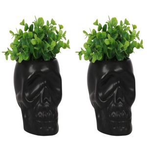 Pack Of 2 Black Ceramic Day Of The Dead Ghastly Skull Planter Bowl Pot Figurine
