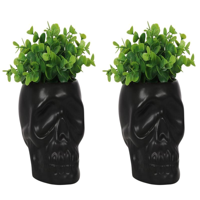 Pack Of 2 Black Ceramic Day Of The Dead Ghastly Skull Planter Bowl Pot Figurine