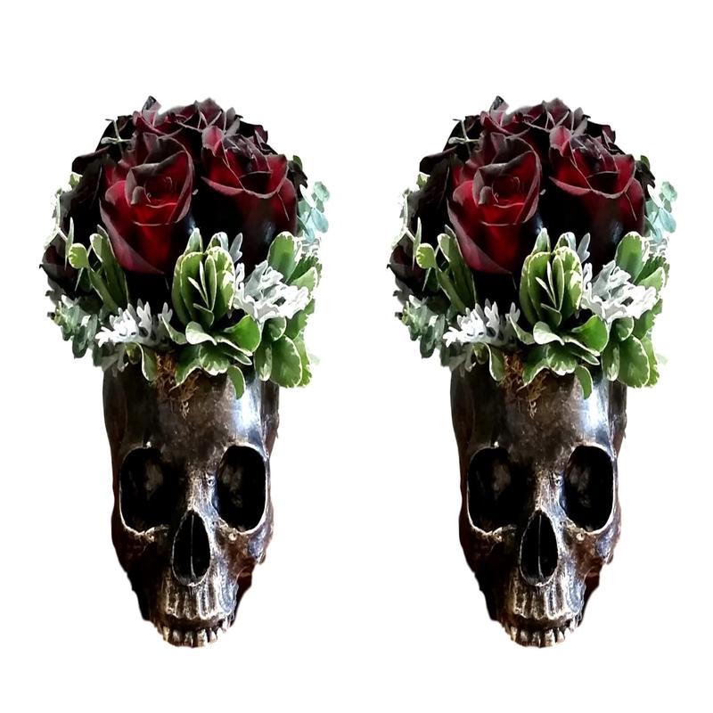 Pack Of 2 Day Of The Dead Skull Planters Bowls 7"L Bronze Finish Decor Accent