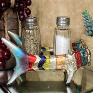 Rustic Colorful Southwestern Buckhorn Antlers Deer Salt Pepper Shakers Holder