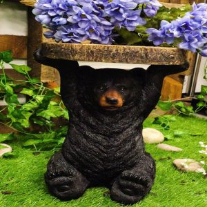 Rustic Western Black Bear Cub Holding Faux Wood Slice Table Stand Figurine