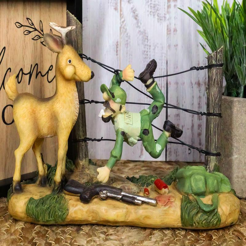 Rustic Western Stag Deer Standing By Hunter Trapped In Barbed Wires Figurine