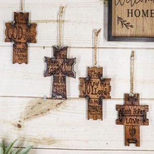 Set Of 4 Rustic Christian Bible Verses Faux Wood Christmas Tree Cross Ornaments
