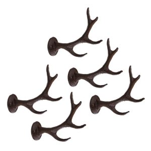 Set Of 5 Cast Iron Western Rustic Stag Deer Crown Antler Wall Coat Keys Hooks