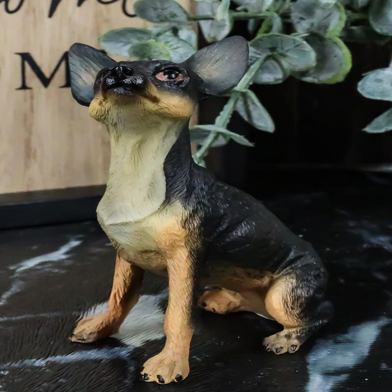 Sitting Lifelike Adorable Deer Head Black and Tan Chihuahua Puppy Dog Figurine