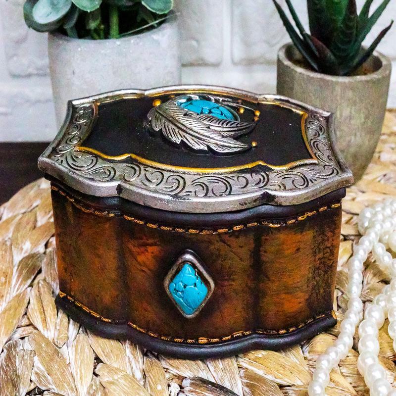 Southwest Turquoise Rocks Indian Feathers Tooled Leather Decorative Jewelry Box