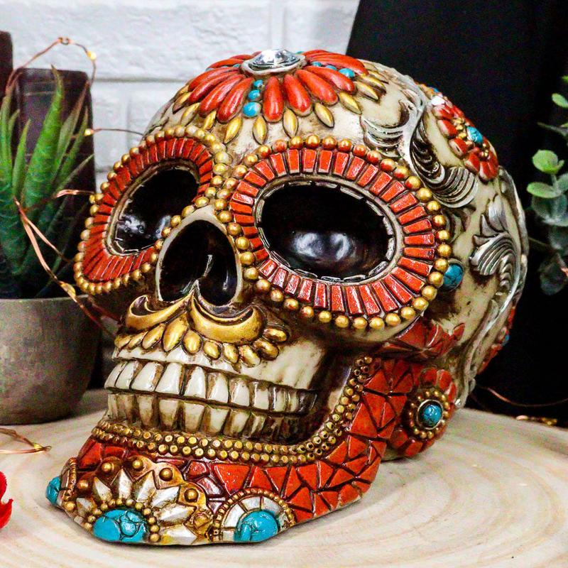 Aztec Indian Boho Mayan Fire God Tooled Floral Turquoise Orange Stones Skull