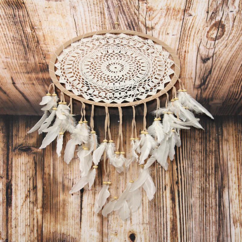 Bohemian Chic Hand Woven Tan Macrame Dream Catcher Feathers Boho Wall Decor