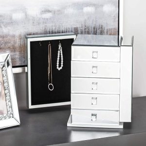 Contemporary Wooden Mirrored Glass Multiple Compartments Drawers Jewelry Box