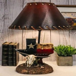 Country Western Wild West Cow Skull With Texas Lone Star State Flag Table Lamp