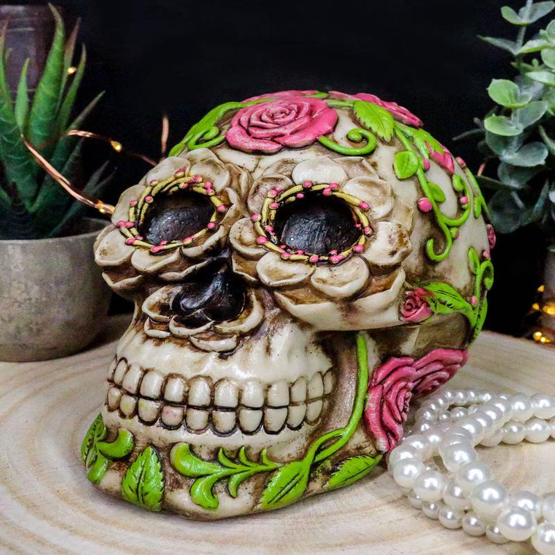 Day of The Dead Pink Floral Roses With Green Vines Sugar Skull Figurine Decor