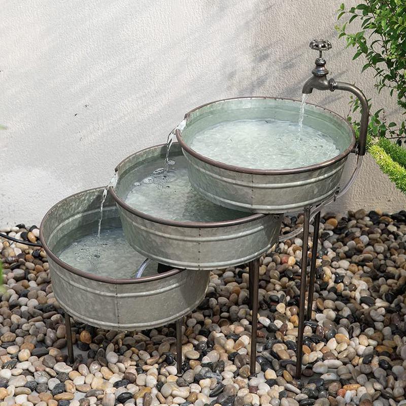 Galvanized Metal Rustic 3 Tier Basins Cascading Electric Water Fountain Feature
