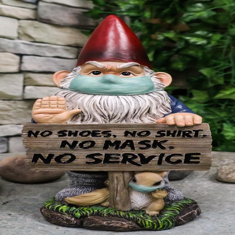 Grumpy Mr Gnome Wearing Mask With 'No Shoes Shirt Mask No Service' Sign Figurine