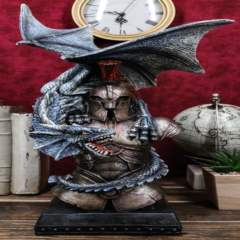 Medieval Paladin Warrior Suit Of Armor Centurion Helmet Blue Dragon Figurine