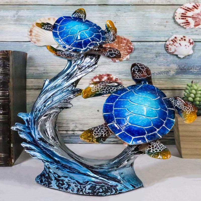 Nautical Blue Sea Turtle And Baby Swimming By Ocean Currents And Waves Figurine