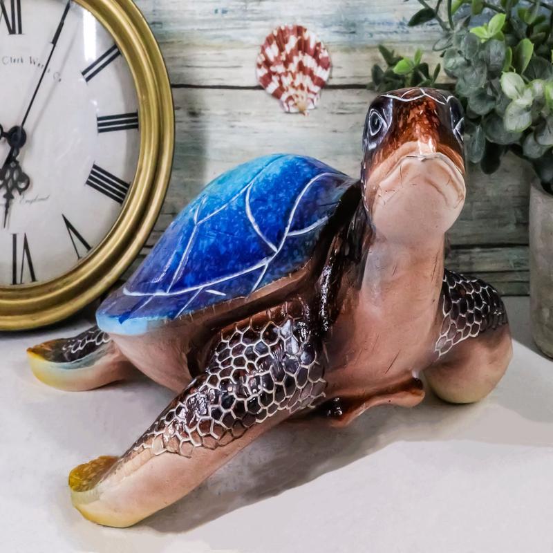 Nautical Ocean Blue Hues Giant Sea Turtle Swimming Figurine 9.5"Long Tortoise