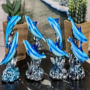 Pack Of 4 Marine Sea Blue Dolphins Swimming By Waves And Coral Reef Figurines