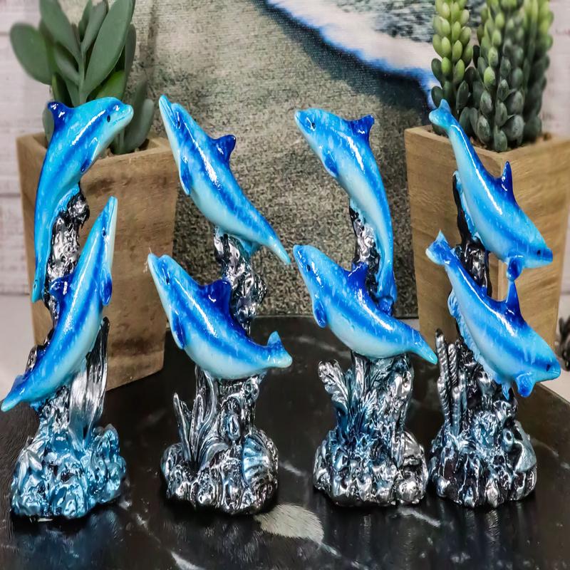 Pack Of 4 Marine Sea Blue Dolphins Swimming By Waves And Coral Reef Figurines