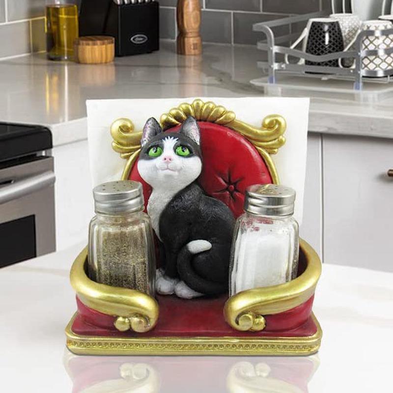 Royal Service Black and White Tuxedo Cat Napkin And Salt Pepper Shakers Holder
