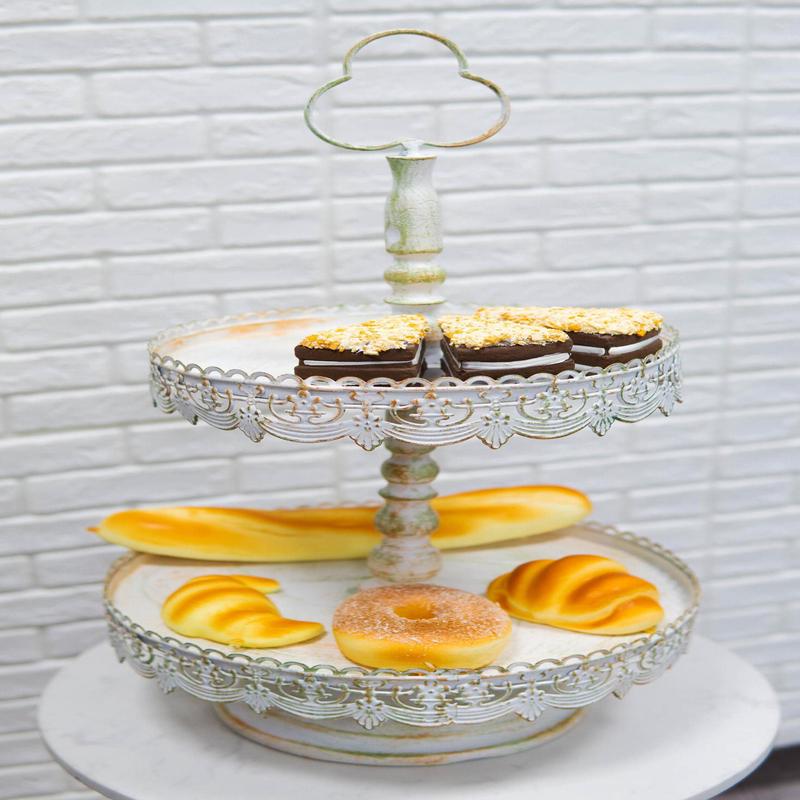 Rustic French Country 2 Tiered Dining Tabletop Metal Food Serving Platter Tray