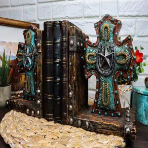 Rustic Turquoise Western Star Horseshoes Cross Braided Ropes Decorative Bookends