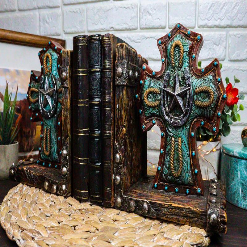 Rustic Turquoise Western Star Horseshoes Cross Braided Ropes Decorative Bookends