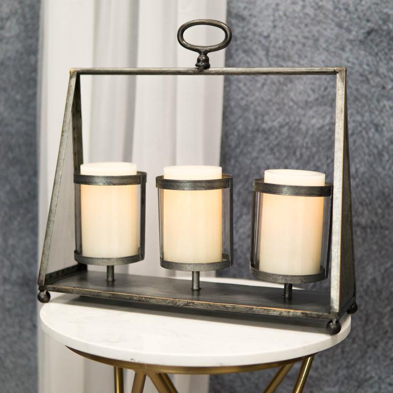 Rustic Western Farmhouse Galvanized Metal Triple Pillar Candleholder Trapezium