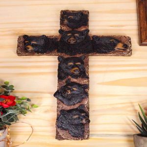 Rustic Western Forest Black Bears Faux Wooden Tree Wall Cross Decor 14" H