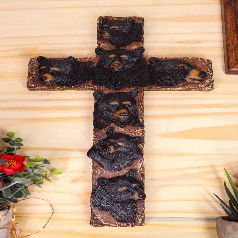 Rustic Western Forest Black Bears Faux Wooden Tree Wall Cross Decor 14" H