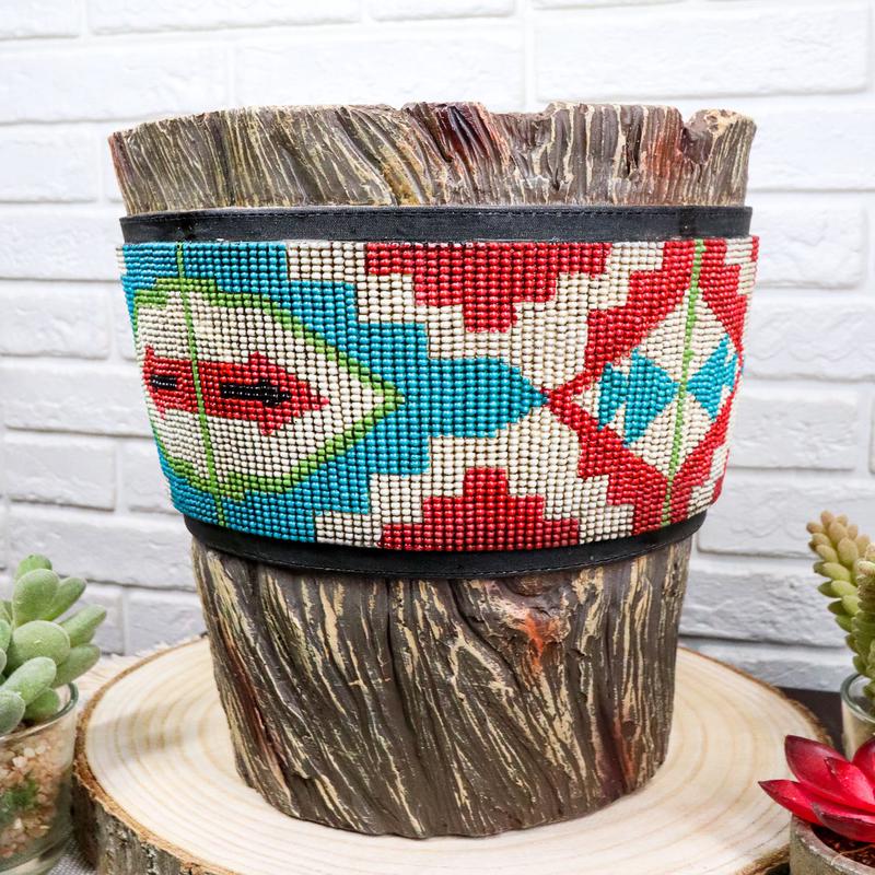 Rustic Western Turquoise Aztec Vector Pattern Faux Wood Waste Basket Trash Bin