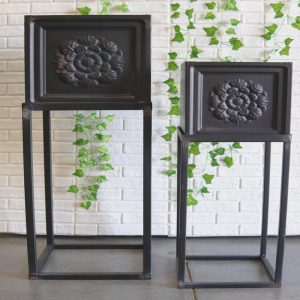 Set of 2 Vintage French Country Floral Accent Planter Basin Pots With Stands