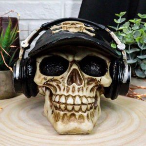 Skater Boy R&B Funk Rap Music Fanatic With Headphones Set And Black Hat Skull