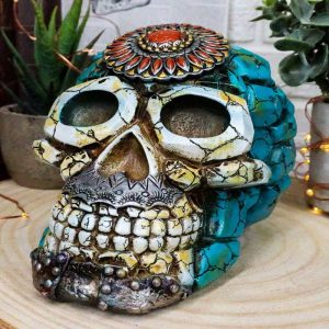 Southwestern Indian Boho Chic Aztec Sun Turquoise And Red Gems Skull Figurine