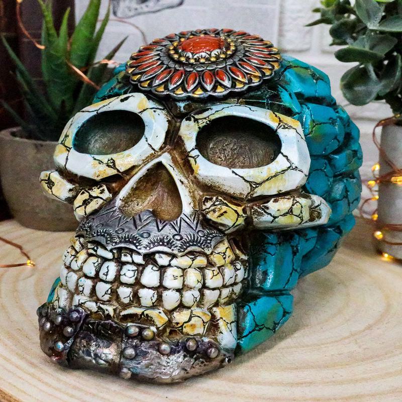 Southwestern Indian Boho Chic Aztec Sun Turquoise And Red Gems Skull Figurine