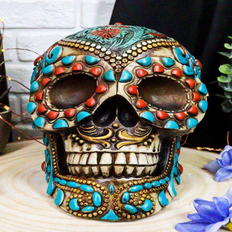 Southwestern Indian Boho Chic Aztec Tooled Skull With Turquoise And Red Stones
